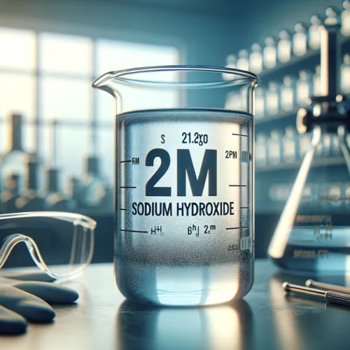 Laboratory bench featuring a clear glass beaker filled with 2M Sodium Hydroxide solution, accurately labeled. Safety equipment, including gloves and goggles, is placed nearby to emphasize chemical handling precautions. The background subtly showcases a laboratory environment with shelves stocked with various chemical bottles and lab apparatus, underlining a professional and educational setting for scientific research and chemistry studies.