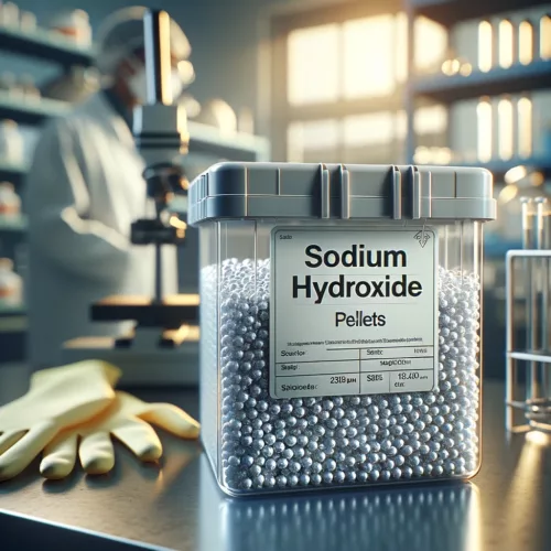 Transparent container filled with Sodium Hydroxide Pellets on a lab bench, with safety gloves and goggles in the background, set in a professional laboratory environment.