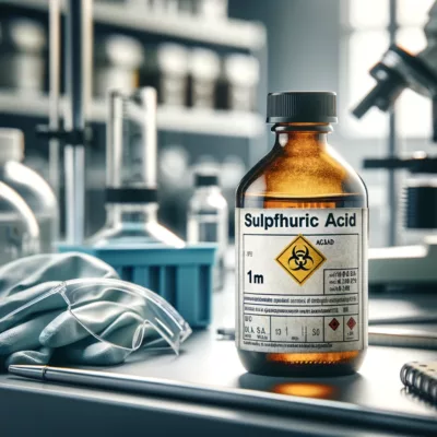 Close-up of a labeled Sulphuric Acid 1M solution bottle on a laboratory bench with safety equipment in the background, emphasizing the importance of careful handling.