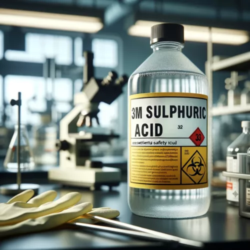 Highly concentrated 3M Sulphuric Acid bottle on a lab bench, showcasing its potent strength for scientific and industrial applications, with safety gear in the backdrop.